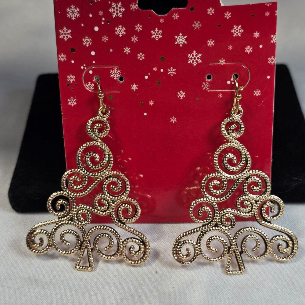 Gold Filigree Christmas Tree Dangle Earrings Holiday Swirl Statement Jewelry